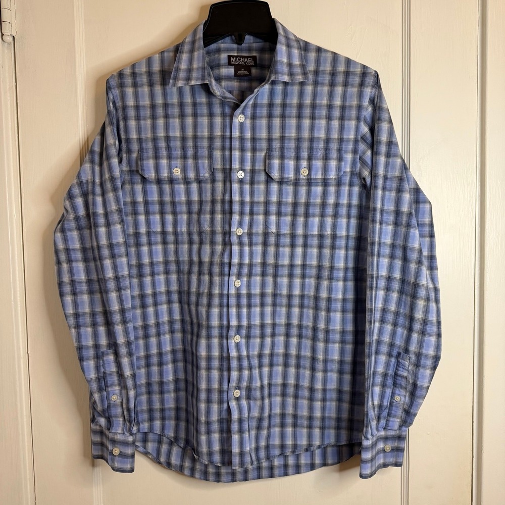 Michael Kors Mens Blue Plaid Long Sleeve Button Up Shirt Size M Dual Pockets